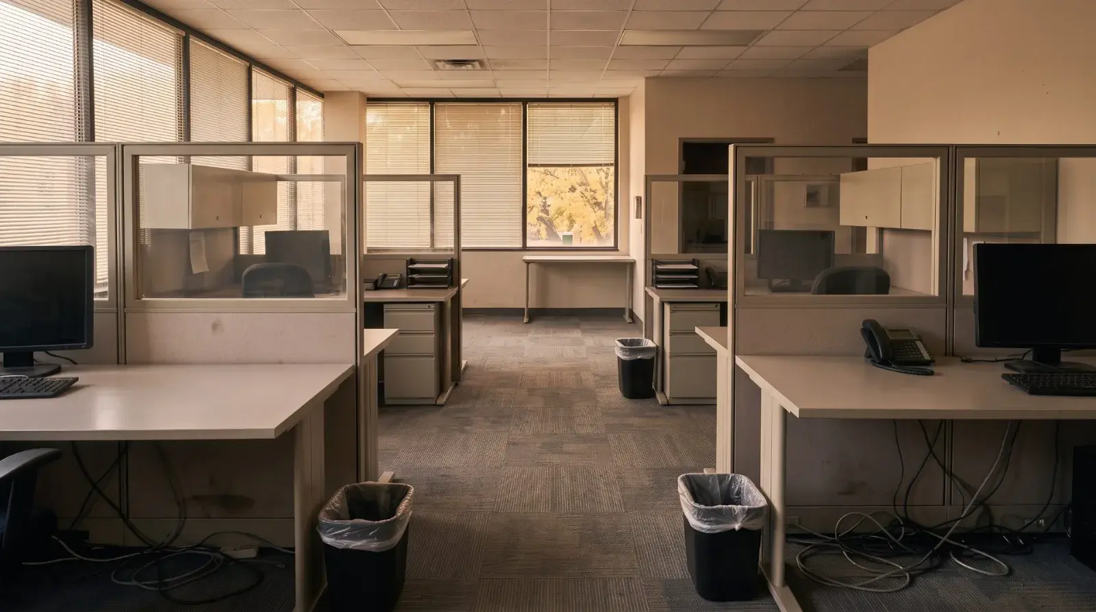 A cleaned small office with polished glass partitions and clear desks