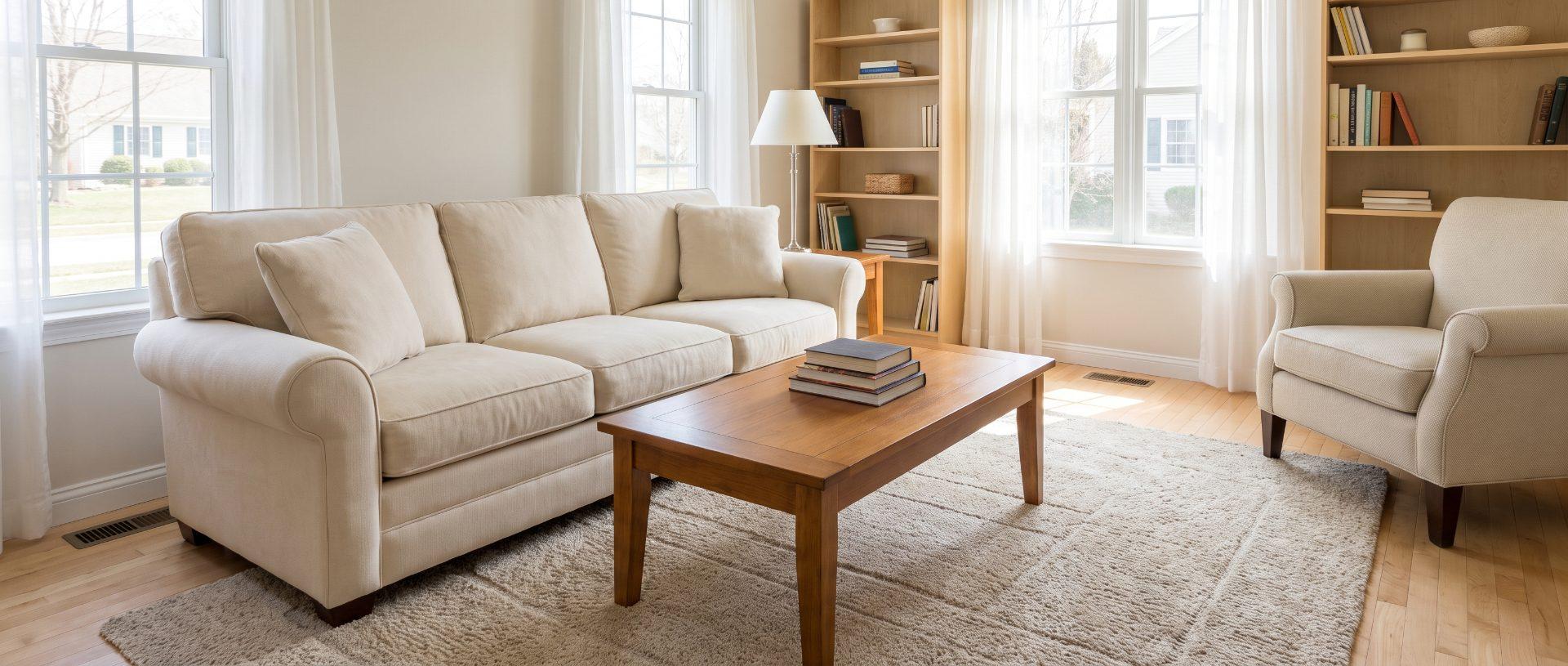 A cleaned family living room, cushions straightened and the rug freshly vacuumed