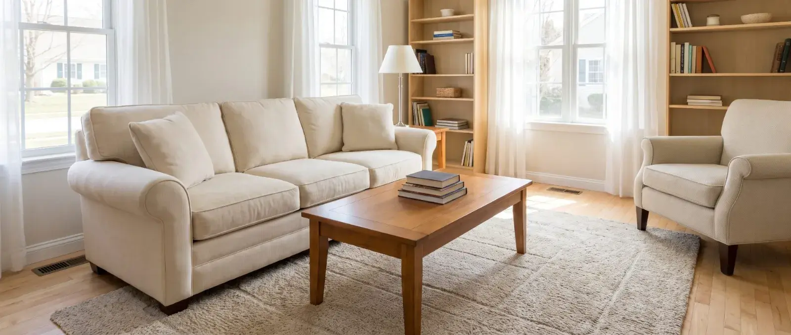A cleaned family living room, cushions straightened and the rug freshly vacuumed