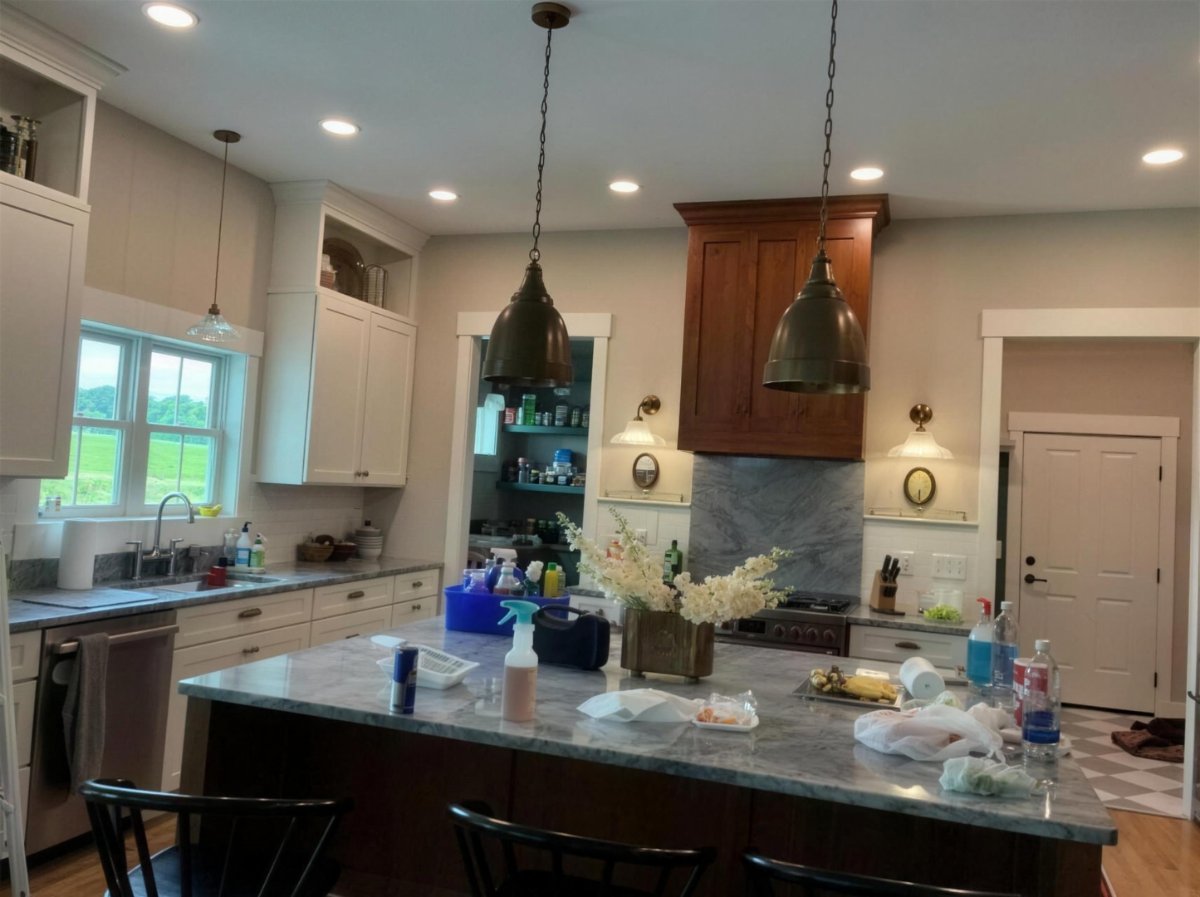Kitchen island reset — before cleaning